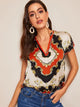 Curved Hem Scarf Print V Neck Top