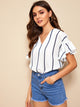 V-neck Striped Flounce Sleeve Blouse