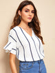V-neck Striped Flounce Sleeve Blouse