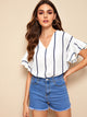 V-neck Striped Flounce Sleeve Blouse