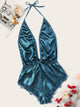 Lace Trim Satin Romper Bodysuit