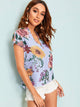 V Neck Striped & Floral Print Top