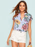 V Neck Striped & Floral Print Top