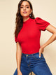Mock-neck Puff Sleeve Solid Top