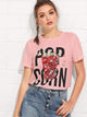 Letter Print Sequin Popcorn T-shirt