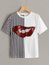 Contrast Lip Sequin Striped Panel Tee