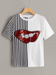 Contrast Lip Sequin Striped Panel Tee