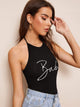 Knot Backless Letter Print Halter Top