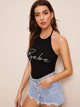 Knot Backless Letter Print Halter Top