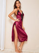 Floral Lace Cutout Satin Slips With Thong