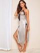 Floral Lace Cutout Satin Slips With Thong