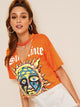 Cartoon Sun Print V-cut Choker Tee