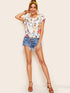 Cuffed Drawstring Hem Floral Print Top