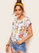 Cuffed Drawstring Hem Floral Print Top