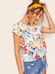 Cuffed Drawstring Hem Floral Print Top