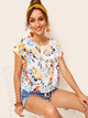 Cuffed Drawstring Hem Floral Print Top