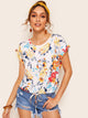 Cuffed Drawstring Hem Floral Print Top