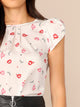 Tulip Sleeve Pleated Neck Red Lip Print Top