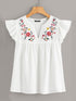 V-cut Neck Embroidery Print Ruffle Armhole Top