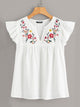 V-cut Neck Embroidery Print Ruffle Armhole Top