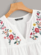 V-cut Neck Embroidery Print Ruffle Armhole Top
