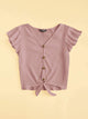 Ruffle Armhole Knot Hem Rib-knit Tee
