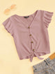 Ruffle Armhole Knot Hem Rib-knit Tee