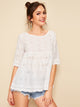 Scallop Hem Schiffy Eyelet Smock Blouse