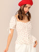 Button Through Shirred Heart Print Peplum Top