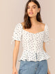 Button Through Shirred Heart Print Peplum Top