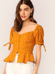 Button Through Shirred Heart Print Peplum Top