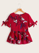 Plants Print Knot Cuff Ruffle Hem Blouse