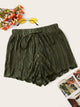 Drawstring Waist Lettuce Trim Pleated Shorts