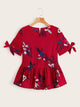 Plants Print Knot Cuff Ruffle Hem Blouse