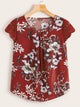 Contrast Lace Cuff Floral Print Blouse
