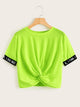 Neon Green Letter Tape Panel Twist Front Crop Tee