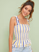 Knot Strap Ruffle Hem Shirred Striped Top