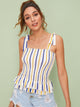 Knot Strap Ruffle Hem Shirred Striped Top