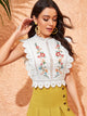 Mock-Neck Guipure Lace Trim Embroidery Top
