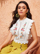 Mock-Neck Guipure Lace Trim Embroidery Top