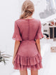 Swiss Dot Ruffle Hem Flounce Sleeve Belted Dress