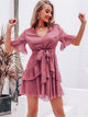 Swiss Dot Ruffle Hem Flounce Sleeve Belted Dress