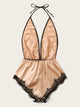 Lace Trim Satin Romper Bodysuit