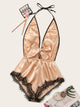 Lace Trim Satin Romper Bodysuit