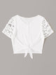 Buttoned Front Knot Hem Guipure Lace Top