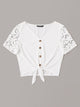 Buttoned Front Knot Hem Guipure Lace Top