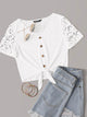 Buttoned Front Knot Hem Guipure Lace Top