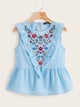 Ruffle Trim Embroidery Print Peplum Top