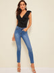 Plunging Neck Ruffle Trim Lace Up Back Bodysuit