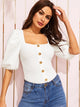 Square Neck Button Front Lantern Sleeve Top